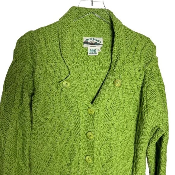 Aran Crafts Womens Green Cable Knit Cardigan Sweater Merino Wool - Picture 2 of 8